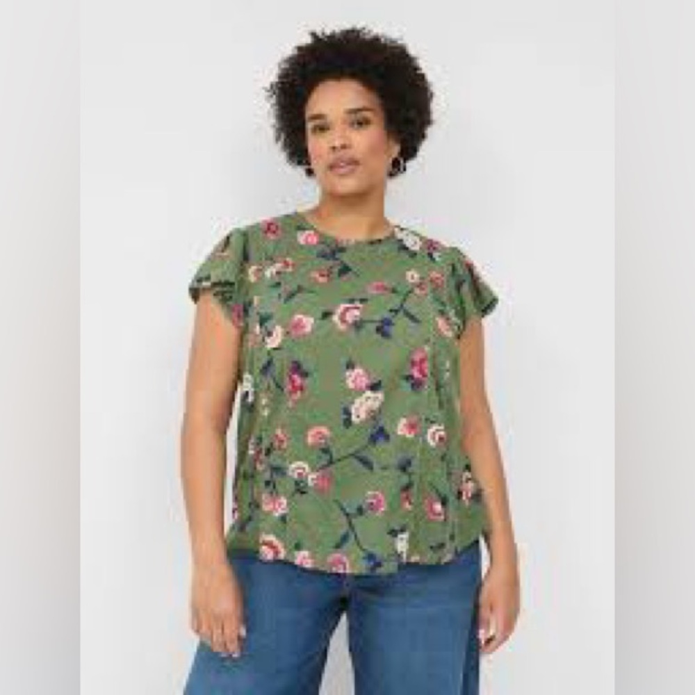 Lane Bryant Floral Swing Short Sleeve Crew Neck Blouse Olive Green Multi Size 14